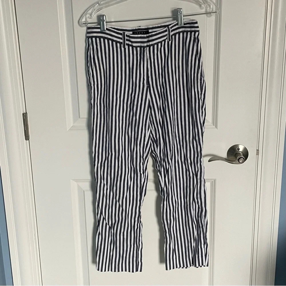 Theory Inza Striped Linen Blend Cropped Wide leg Pants 29040